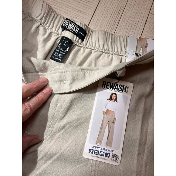 NWT Rewash seamed wide leg cargo pants. Linen blend. Khaki. Elastic waist. Sz L - Picture 5 of 9